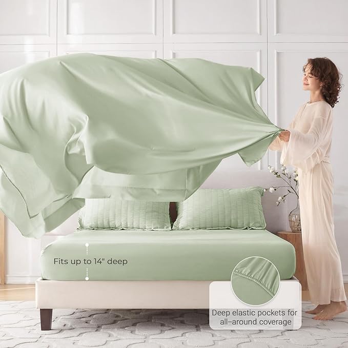 MUXHOMO 7 Pieces Full Comforter Set, Seersucker Bed in a Bag Full Size, All Season Luxury Bedding Set with Comforter, Flat Sheet, Fitted Sheet, Pillowcases & Shams, Light Green