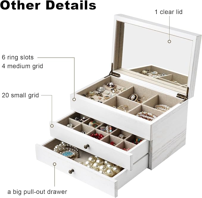 Meangood Jewelry Box Organizer for Women, 3 Layer Large Jewelry Storage Case, Rustic Wooden Jewelry Box with Mirror & Ring Tray for Necklace Earring Bracelets Rings, Vintage Style (White) - Image 3