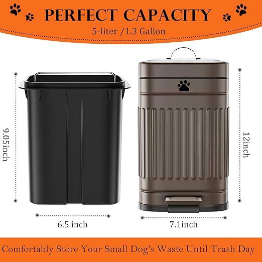 Dog Poop Trash Can Outside, 5L/1.3Gal Metal Dog Waste Trash Can with Lid, Foot Pedal, Pet Waste Container with 40 Bags, Poop Bucket with Lid Soft Close for Pet, Brown - Image 2