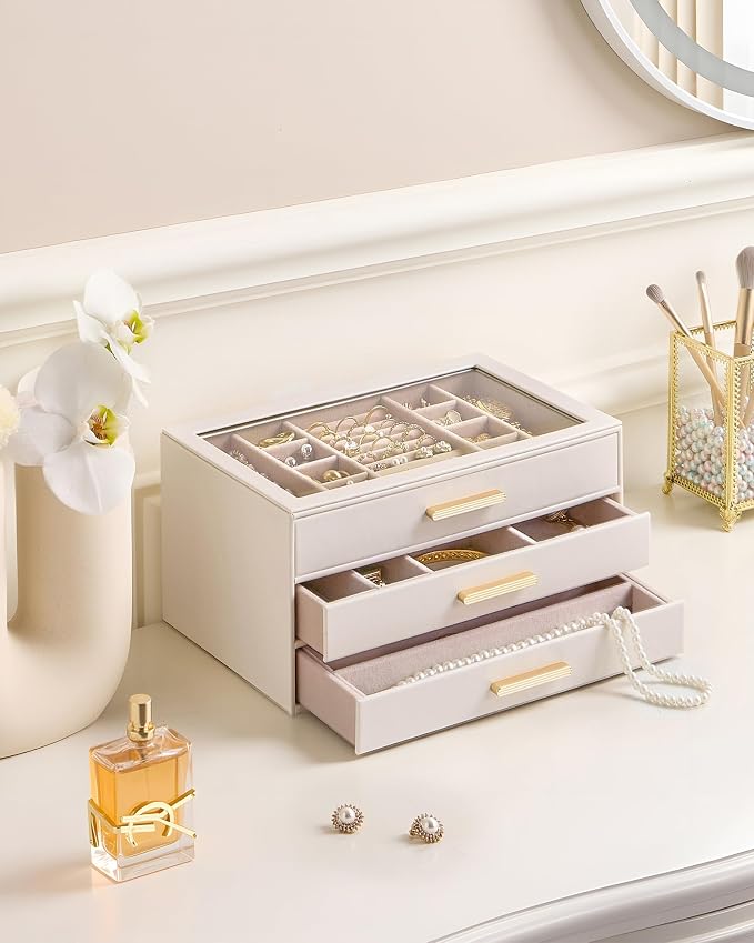 Lolalet Jewelry Box Organizer, 3-Layer Jewelry Organizers and Storage Case with Glass Lid, Ring Earring Bracelet Necklace Holder Organizer, Mothers Day Gifts for Mom, Women Girls -3Layer, Beige - Image 2