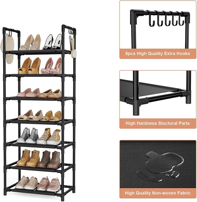 LANTEFUL 7 Tiers Shoe Rack 18-20 Pairs Boots Organizer Storage Sturdy Narrow Shoe Shelf for Entryway, Closets with Hooks, Black - Image 4