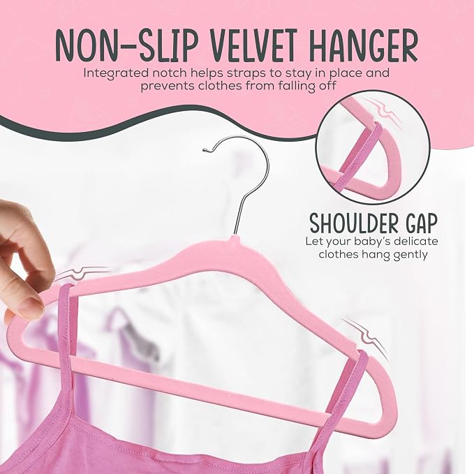 TechZoo 25 Premium Baby Velvet Hangers - 11.8 Inches Non-Slip & Ultra-Slim Baby Hangers for Space-Saving & Children Clothes - 360 Swivel Hook, Strong & Durable Infant & Toddler Clothes Hanger - Pink - Image 6