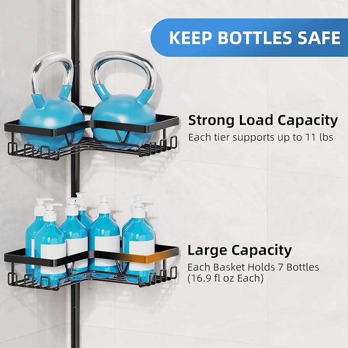 KEGII Set of 2 Wall Mount Toothbrush Holders with Tension Pole Shower Caddy, Rustproof Bathroom Organizer with Soap Holder & Hooks, 4 Adjustable Shower Shelves for Renters, 25-114.2 inch Black - Image 6