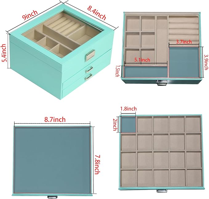 BOOVO Clear Lid Jewelry Box,3 Layers Jewelry Organizer Large Multi-Functional Jewelry Storage Box with 2 Drawers,Jewelry Display Case of Rings Earrings Necklace Bracelets for Women Girls (Turquoise) - Image 5