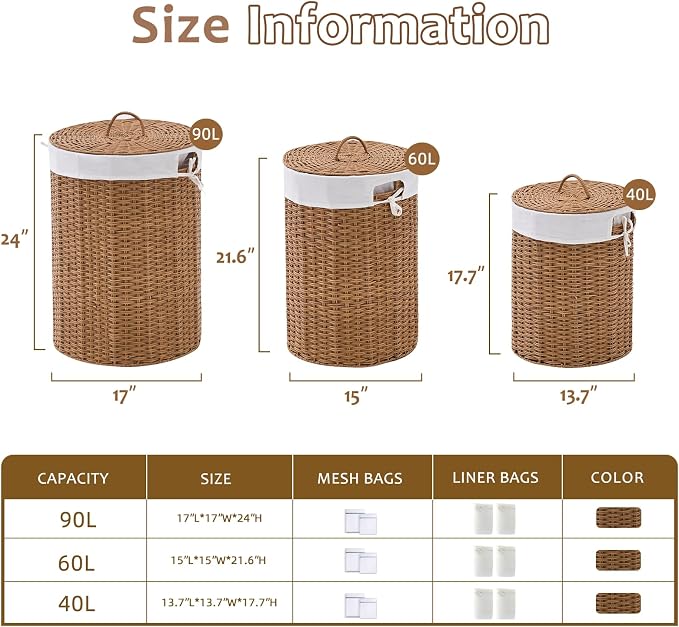 Round Wicker Laundry Hamper with Lid Handwoven Rattan Basket with Handles for Dirty Clothes, 2 Washable Liner Bags, No Assembly Required, Washable Basket, 60L - Image 6