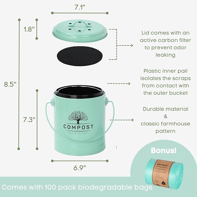 Perfnique Kitchen Compost Bin, 1.3 Gallon Countertop Compost Bin with Lid, Indoor Compost Bucket Includes Inner Bucket Liner and Carbon Filter, Small Compost Bin with Trash Bags (with Bags, Mint) - Image 2