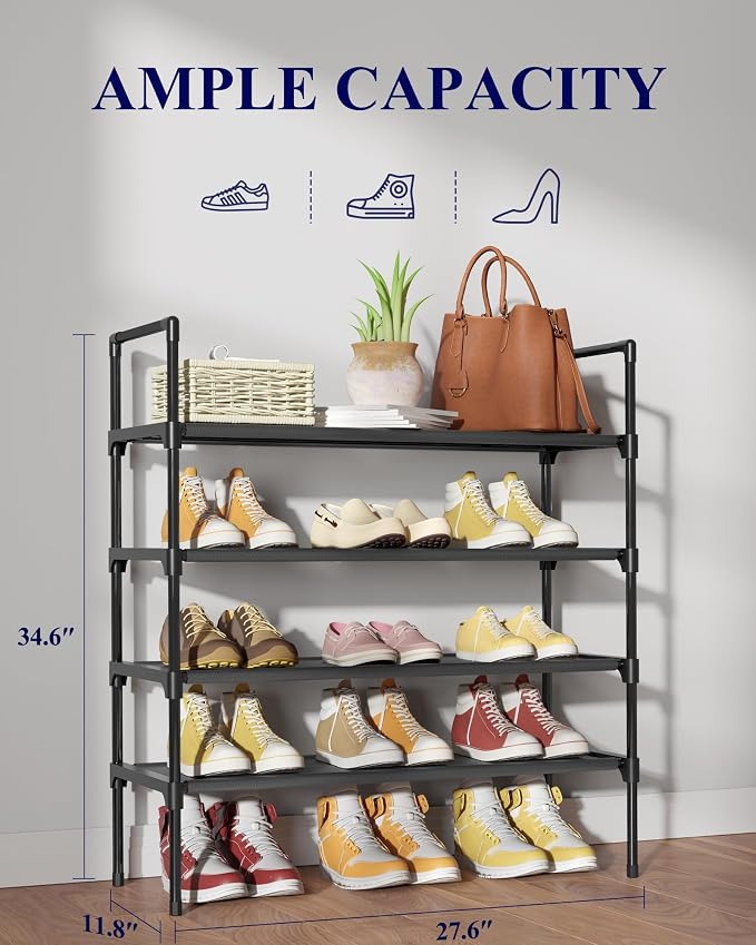 Kitsure Shoe Rack - 4-Tier Shoe Organizer, Shoe Rack for Closet, Entryway, Bedroom, Easy- Assembly Storage Shelf with Side Handles, 27.6" Wide - 4 Tiers, Black - Image 2