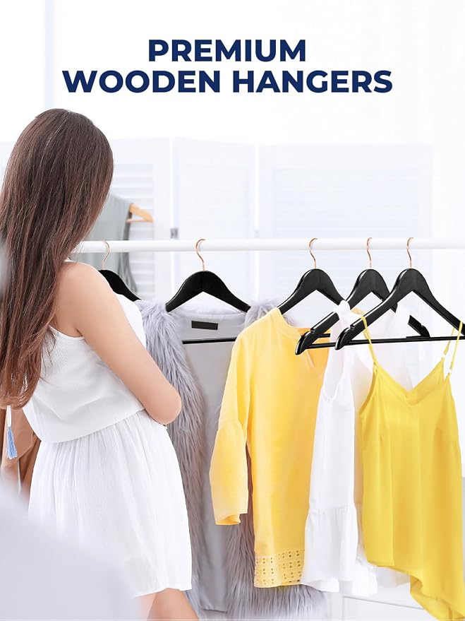 Smartor Wooden Hangers 20 Pack, Solid Wood Coat Hanger for Closet, Heavy Duty Wood Hangers for Suits, Shirts, Dresses, with 360° Rose Gold Hook, Non Slip Pant Bar, Black - Image 7