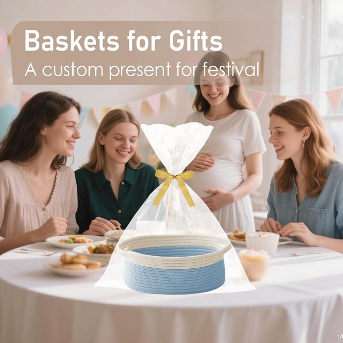 JMvicyroam Woven Basket,Small Rope Storage Bin with Handles & Ribbon Bag, Organizer for Shelves Closets,Gift Basket Empty for Birthday,Books,Dog Toys, White&Blue - Image 5