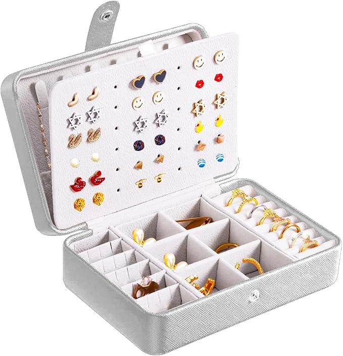 QBestry All-in-One Travel Jewelry Organizer for Women Silver | Small Jewelry Box with 68 Earring Holes | Compact Portable Jewelry Case for Earrings, Rings, Necklaces | Perfect Gifts for Mom Wife Girls by QBestry