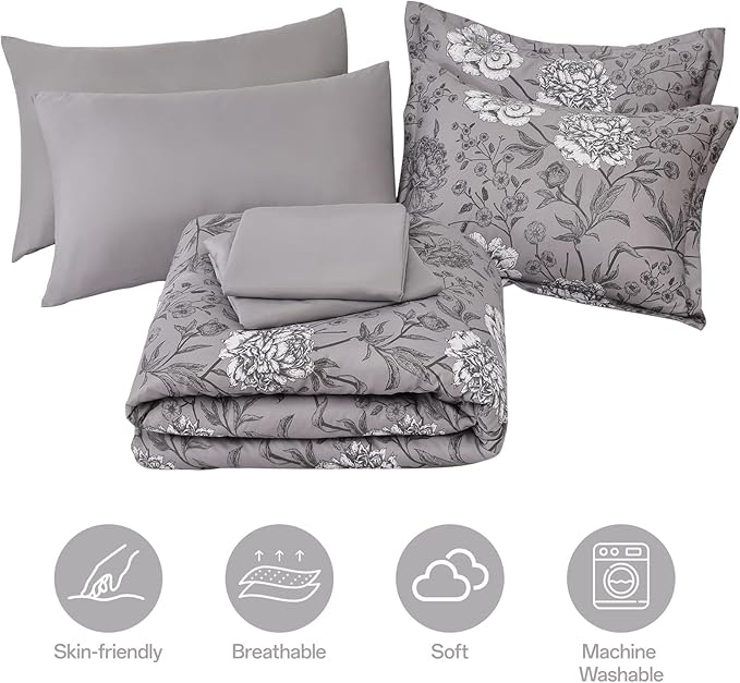 Yiran 7 Piece Bed in a Bag Queen Grey Comforter Set White Floral Bedding Set Flower Leaves Botanical Soft Microfiber Comforter with Flat Sheet Fitted Sheet for All Season(Queen 90"×90")