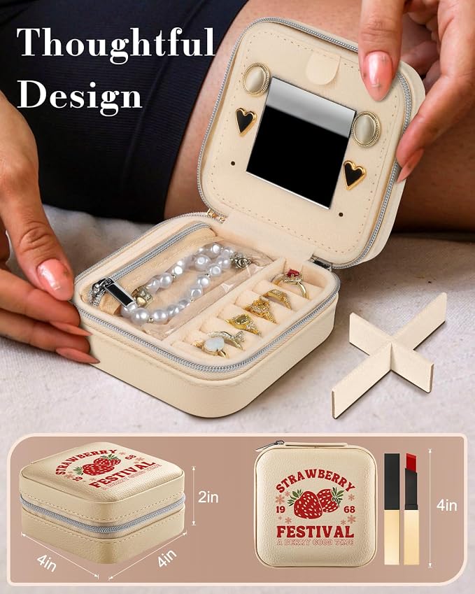 Bistup Travel Jewelry Case - Small Jewelry Organizers and Storage Box for Women Girls Teens Cute Traveling Jewelry Holder with Mirror Little Tiny Compact Strawberry Modern Unique Aesthetic Pretty - Image 2