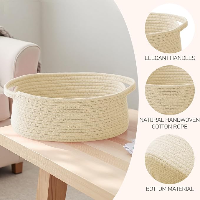JMvicyroam Woven Basket,Small Rope Storage Bin with Handles & Ribbon Bag, Organizer for Shelves Closets,Gift Basket Empty for Birthday,Books,Dog Toys,Beige - Image 3