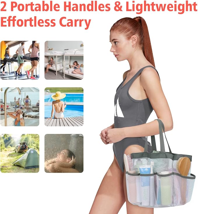 F-color Mesh Shower Caddy Portable, Upgrade Deeper 7 Pockets Shower Bag Basket Tote for College Dorm Room Toiletry Bathroom Essentials Gym Camp Quick Dry 2 handles with S Hook, White - Image 5
