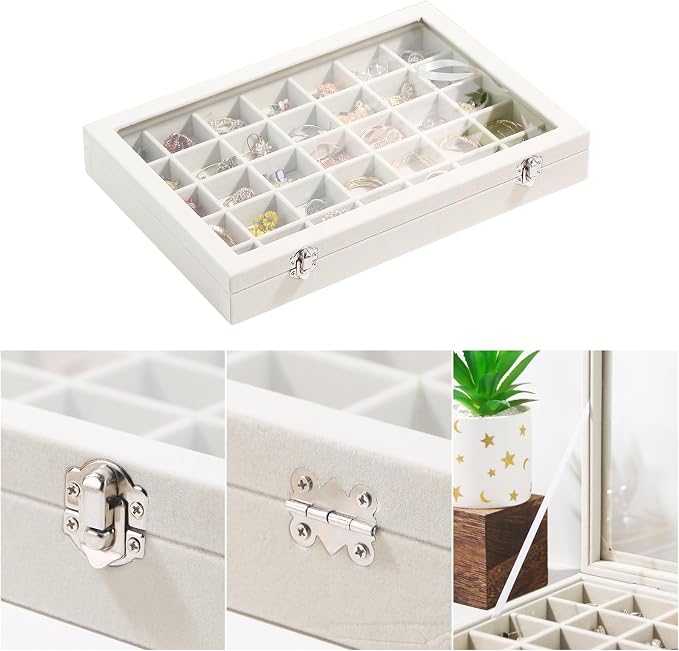 Coward Ring Earring Jewelry Organizer Box, 35 Grids Dustproof Display Holder Case, Beige Velvet Jewelry Bead Display Tray Case with Transparent Glass Lid for Momen Girls - Image 3