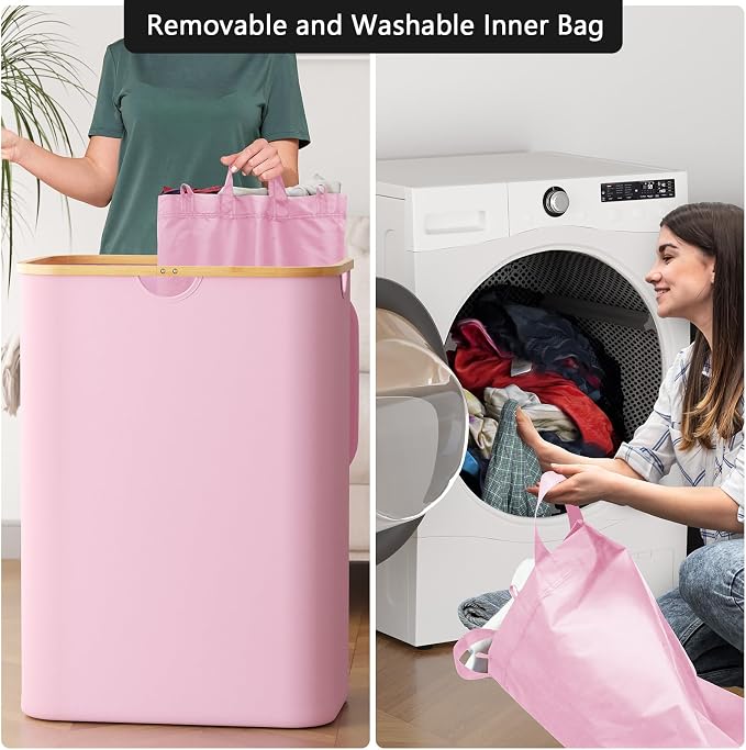 SpaceAid Double Laundry Hamper 2 Section with Lid and Removable Laundry Bags, 160L Clothes Basket with Bamboo Handles, Large Collapsible Hamper for Bedroom, Bathroom, Dorm, Laundry Room - Pink - Image 4