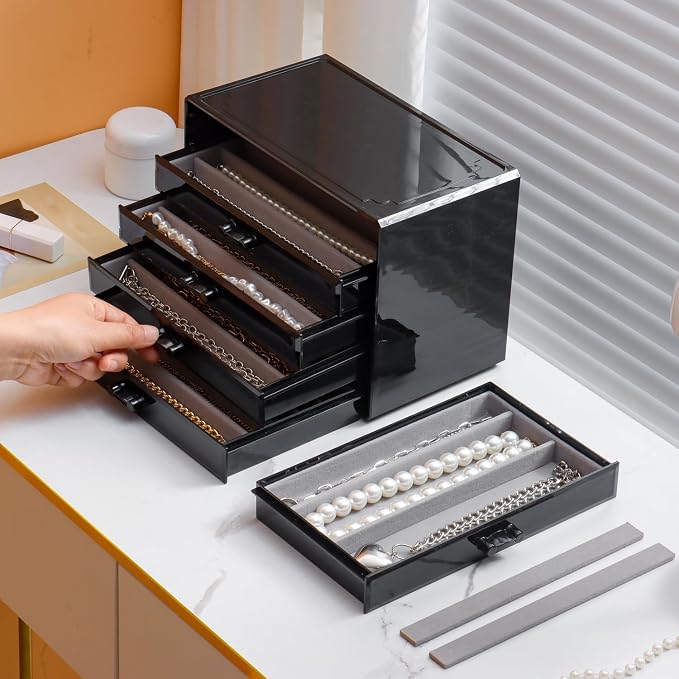 YUFONG Necklace Holder Organizer, Dustproof Necklace Box Velvet Necklace Organizer Box with Lid Clear Acrylic Dustproof Stackable Jewelry Displays for Necklaces Chain Display (Black Gray, 5 Drawer) - Image 3