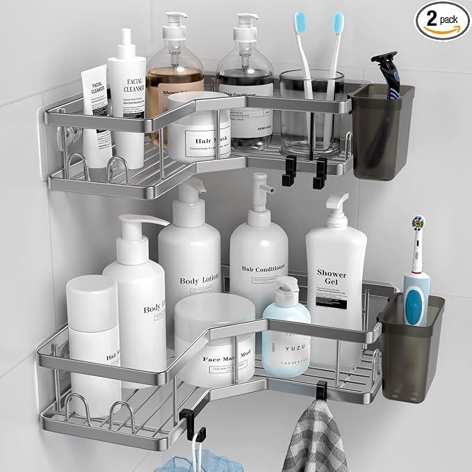 Corner Shower Caddy Bathroom Organizer: AKTECKE 2 Pack Adhesive Shelf Decor- No Drilling Stainless Steel Storage Rack with Hooks and Toothpaste Holder - Accessories Stuff by AKTECKE