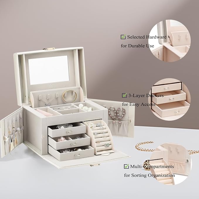 Vlando Mirrored Jewelry Box Organizer, Leather Jewelry Storage Case, Necklaces Earrings Rings Brackets Box Holder, Pearl White - Image 3