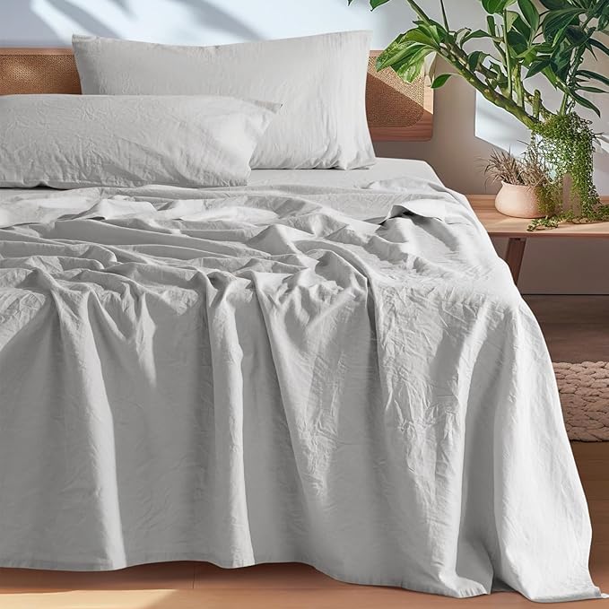 SONORO KATE 100% French Pure Linen Sheets, Breathable and Durable Linen Full Size Sheets, Anti-Tear Linen Bed Sheets, Machine Washable, 16 Inch Deep Pocket - 4 Piece (Grey, Full)