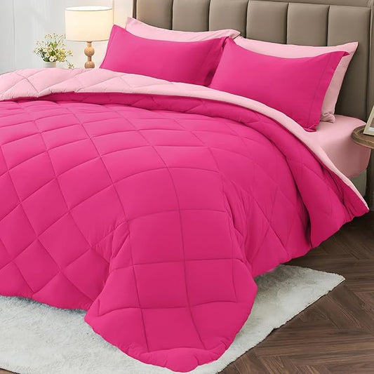 MUXHOMO 7 Pieces California King Comforter Set, Reversible Bed in a Bag Cal King Size, All Season Bedding Set with Comforter, Flat Sheet, Fitted Sheet, Pillowcases & Shams, Hot Pink & Baby Pink
