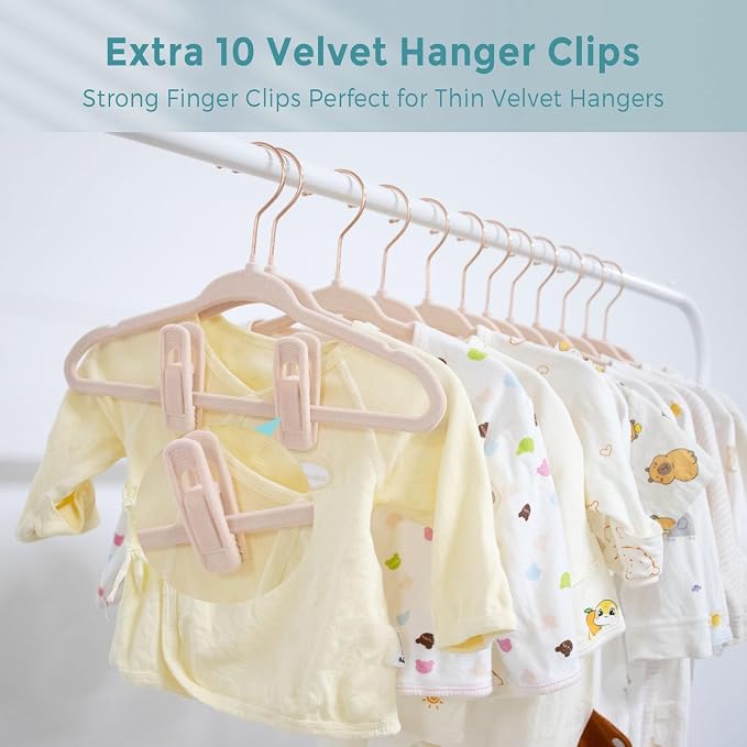 Tonswachic Baby Velvet Hangers 50 Pack - 11 Inch Non Slip Felt Kids Hanger for Infant Clothes - Ultra Thin Baby Felt Hangers for Toddler Kids' Closet with 10 Hanger Clips - Pink - Image 7