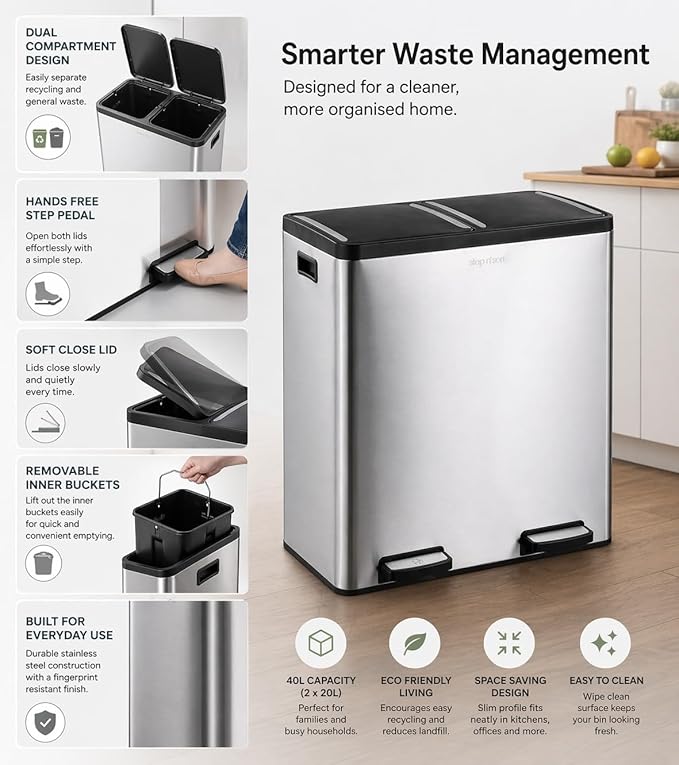 Step N' Sort The 18.5 Gallon Extra Large Capacity, Soft-Step, Dual Trash and Recycling Bin with Removable Inner Bins, Silver - Image 2