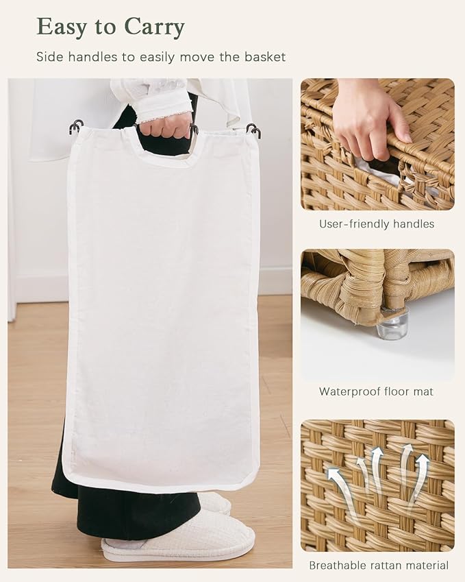 SETVSON Laundry Hamper with Lid Wicker Laundry Basket 112 L (29.6 Gal) Laundry Hampers Handwoven Rattan Clothes Hamper with Handles 3 Removable Liner Bag, 6 Mesh Bags for Bathroom Bedroom Natural - Image 6