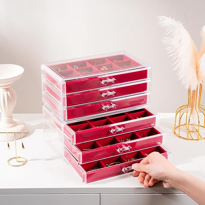 Lolalet Earring Holder Organizer Box Jewelry Storage with 6 Drawers, Clear Acrylic Stackable Earring Case with Adjustable Velvet Trays for Women on Dresser Vanity -Red, 6 Layers - Image 6