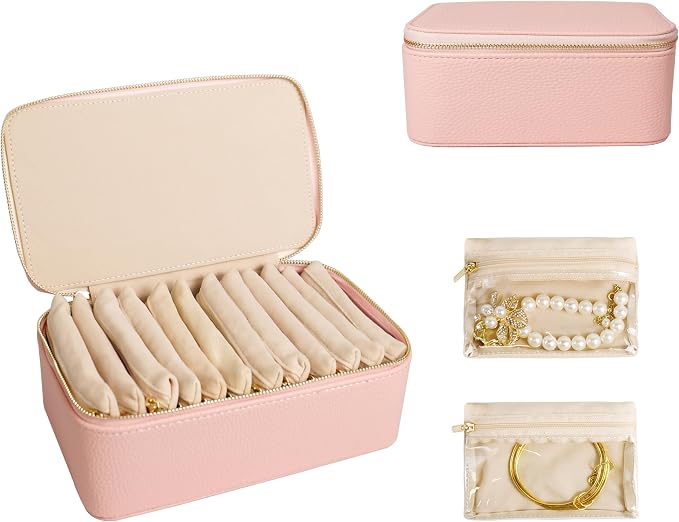 Travel Jewelry Case, Portable Jewelry Box with 6 Jewelry Bags,Travel Gift for Women Teen Girls (Pink 12 Pcs) by Unknown