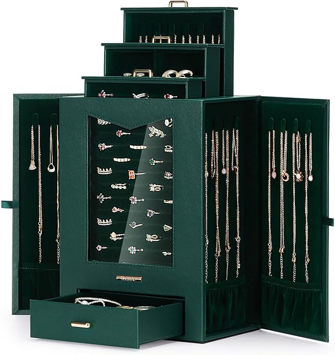 Homde Jewelry Organizer with Transparent Window Necklace Hooks Gift for Women Jewelry Box Display Case for Necklaces Rings Earrings Bracelets and Other Accessories (Forest Green) by Homde