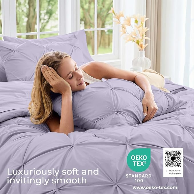 Sasttie Full Size Comforter Set, 7-Piece Bed in a Bag, Pintuck Bedding Sets for All Season, Includes Comforter, Flat Sheet, Fitted Sheet, Pillowcases and Pillowshams, Lavender