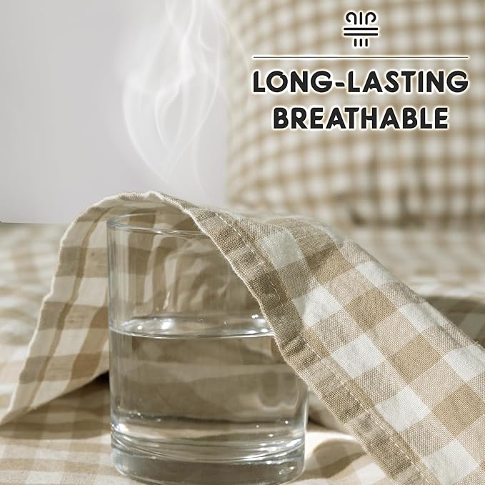 SONORO KATE 100% French Pure Linen Sheets, Breathable and Durable Linen King Size Sheets, Anti-Tear Bed Sheets, Machine Washable, 16 Inch Deep Pocket - 4 Piece (Linen & White Plaid)