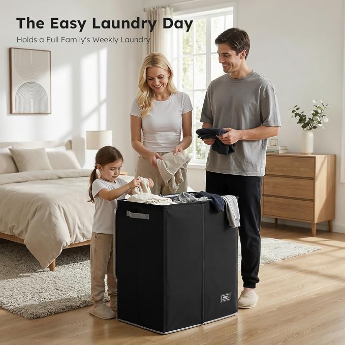 SOLEDI Double Laundry Hamper with Lid and Removable Laundry Bags,Divided Laundry Bin - Large Clothes Hamper 2 Section - Collapsible Laundry Baskets for Bedroom, Bathroom, Laundry Room,Black - Image 3