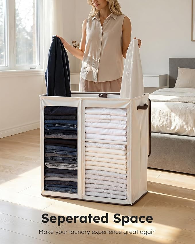 SOLEDI Large Double Laundry Hamper with Lid,165L Collapsible Clothes Hamper 2 section with Removable Bags, Space-Saving Laundry Basket for Bedroom, Dorm, College - Image 5