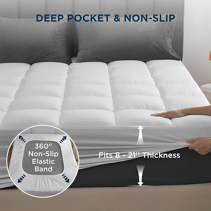 Full XL Size Quilted Fitted Mattress Pad with Deep Pocket 8-21" - Cooling Breathable Pillow Top Mattress Topper & Protector, Machine Washable, White, 54x80 Inches