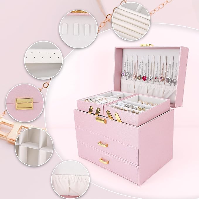 Dajasan Jewelry Organizer Box, Large Jewelry Boxes for Girls, Space-Saving 4 Layers Jewelry Storage Case with Drawer, Gift for Women, Movable Metal Stand, Modern (Pink+ Gold) - Image 4