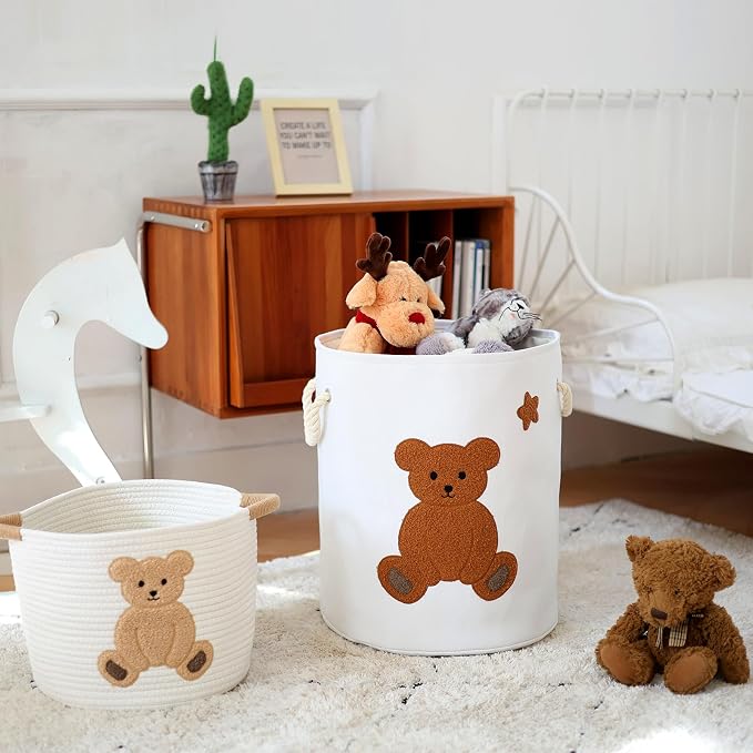 INough Large Laundry Basket Tall Baskets Storage for Dirty Clothes, Toys Storage Bins Baby Hamper 58L Clothes Hamper Blanket Basket Baby Toys Organizer for Nursery Bedroom Living Room Decor, Bear - Image 2