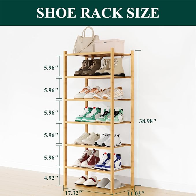 Smiry Shoe Rack, 6 Tier Small Bamboo Shoe Organizer, Stackable Free Standing Wooden Shoe Storage Shelf for Closet, Entryway, Front Door Entrance, Natural - Image 2