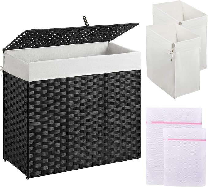 Greenstell Laundry Hamper with Lid, 125L Laundry Basket with 2 Removable Liner Bags & 2 Mesh Bags, Handwoven Synthetic Rattan Clothes Hamper for Clothes, Toys in Bathroom, Bedroom, Foldable, Black by Greenstell