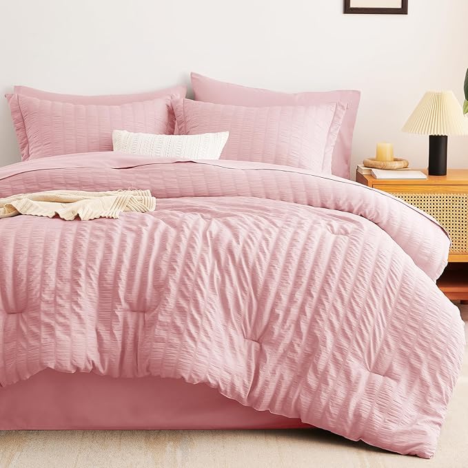CozyLux Full Size Comforter Sets with Sheets 7 Pieces, Pink Seersucker Bed in a Bag Textured Luxury Soft Bedding Set with Down Alternative Comforter, Sheets, Pillowcases & Shams for All Season