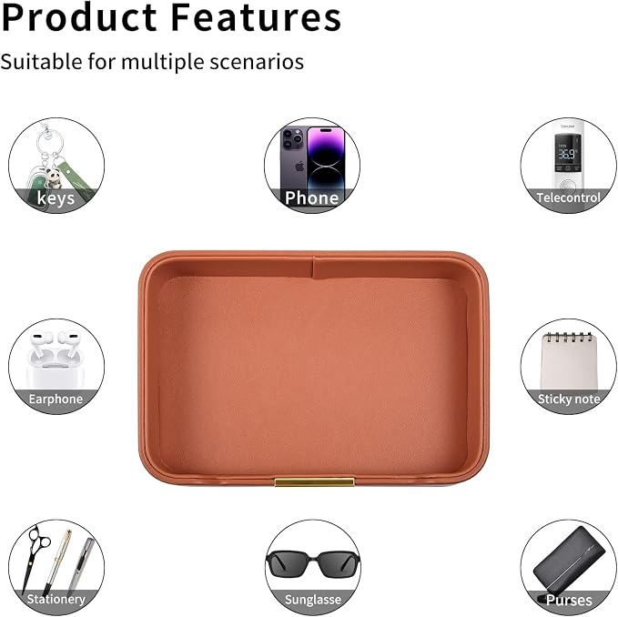 Luxury Leather Valet Tray Desktop Storage Organizer,Bedside Vanity Catchall Tray Nightstand Caddy Holder for Cosmetic,Jewelry,Watch,Keys,Phone,Wallet,Remote Controller,Pen,Orange - Image 6