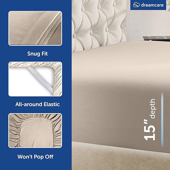DREAMCARE King Size Sheets Set - 6 pcs Breathable Cooling Bed Sheets - up to 15" Deep Pocket King Sheet Set with Side Pockets - Extra Soft 100% Brushed Hypoallergenic Hotel Luxury Bedding - Beige
