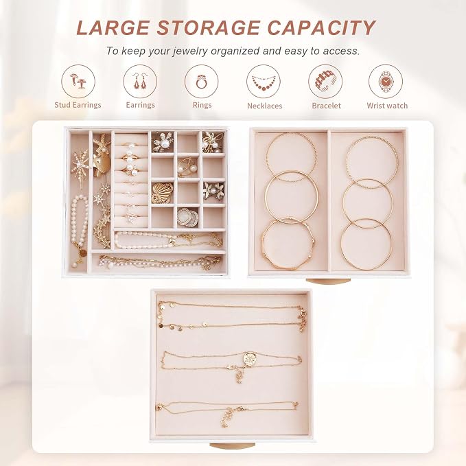 Jewelry Storage Box with Glasses Lid, 3-Tiers Jewelry Organizer Box for Women Girls, Jewelry Case for Rings, Bracelets Earrings, Necklaces (White) - Image 4