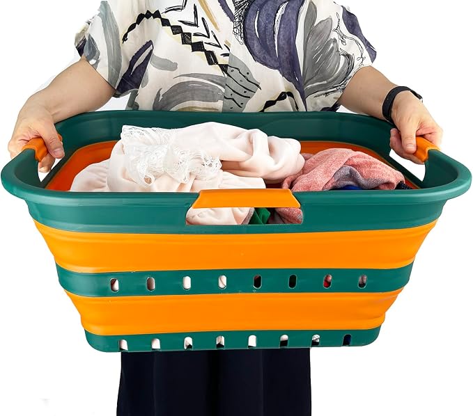 SAMMART 42L (11 gallon) Collapsible Plastic Laundry Basket - Foldable Pop Up Storage Container/Organizer - Space Saving Hamper/Basket (1, Teal Green/Autumn leaf) - Image 6