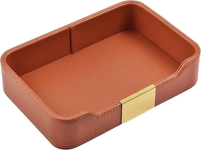 Luxury Leather Valet Tray Desktop Storage Organizer,Bedside Vanity Catchall Tray Nightstand Caddy Holder for Cosmetic,Jewelry,Watch,Keys,Phone,Wallet,Remote Controller,Pen,Orange by RHCSZ