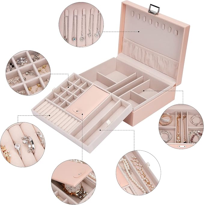 Jewelry Organizer Box Travel Jewelry Box Storage Organizer Case Earring Ring Necklace Box Large Travel Jewelry Case/PINK - Image 7
