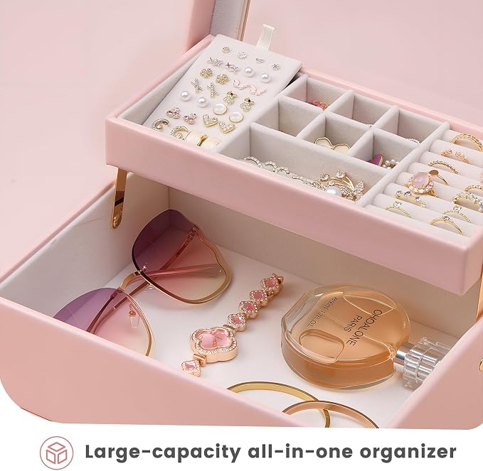 Lolalet Jewelry Box, Clear Window Jewelry Organizer with Drawer for Earrings Bracelets Necklaces Rings, Jewelry Storage for Women -Pink, 3 Layers - Image 3