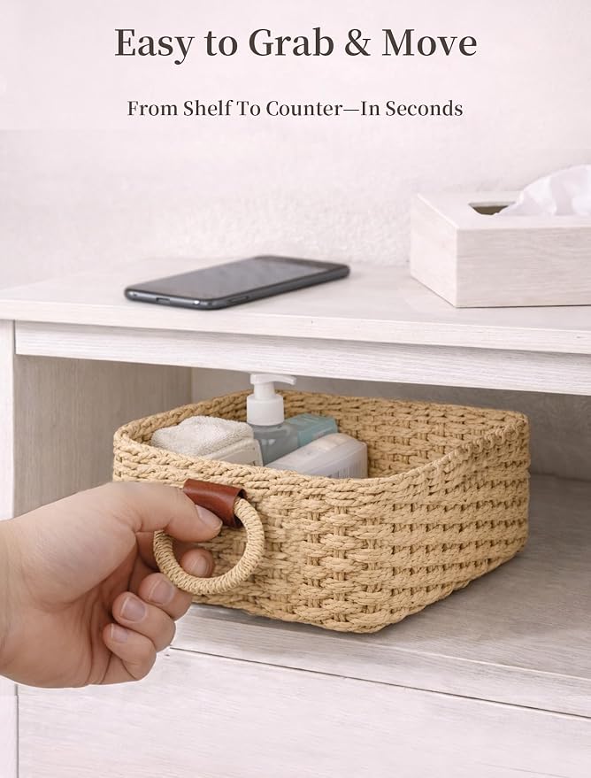 Storage Basket, Recycled Paper Rope Bathroom Basket Organizer, 3Pcs Small Baskets for Organizing, Mini wicker Basket for Decorative Storage Bins, Shelves, Bathroom, Cabinet - Beige - Image 5