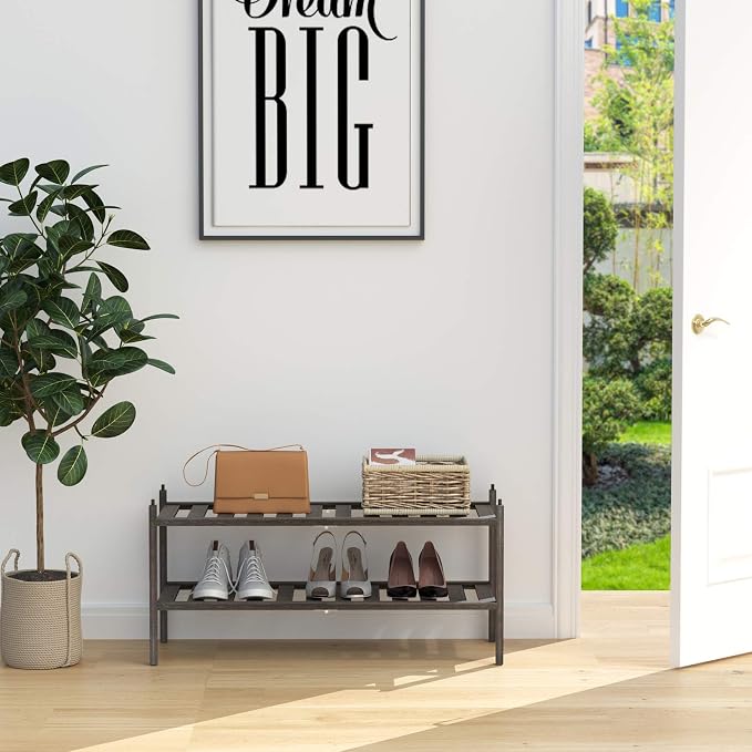 Dranixly Bamboo 2-Tier Shoe Rack Stackable Shelf Storage Organizer for Entryway, Hallway and Closet, 27.2"x11"x13.2" (Mocha) - Image 2